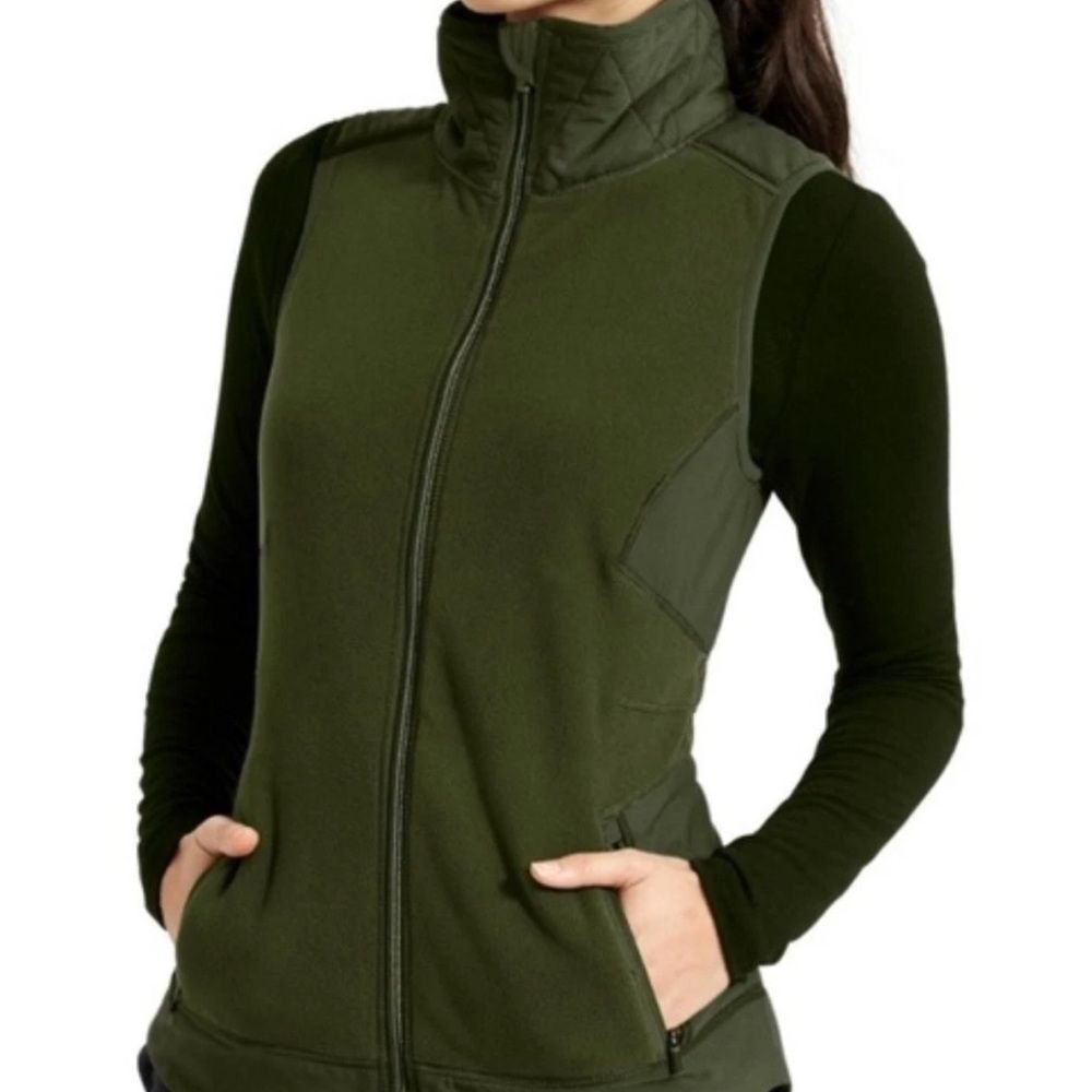 Athleta Outlander Olive Green Women's Zip-Front Fleece Vest XS Reflective